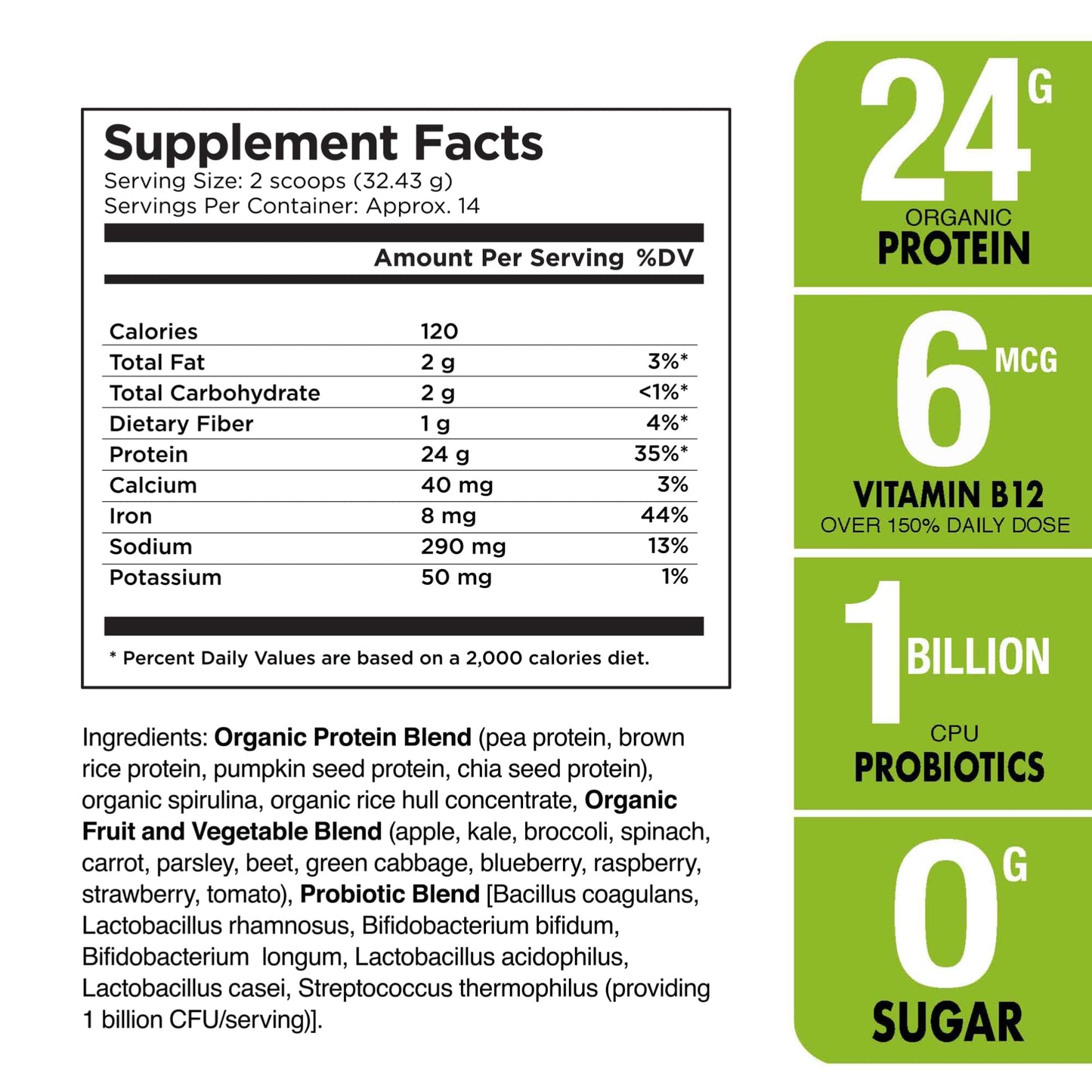 Plantvital Unflavored Organic Vegan Protein Powder - 15 Superfoods, Veggies and Probiotics - Organic Plant-Based Protein Powder - All BCAA’s, Gluten Free - 16oz -1 Pouch