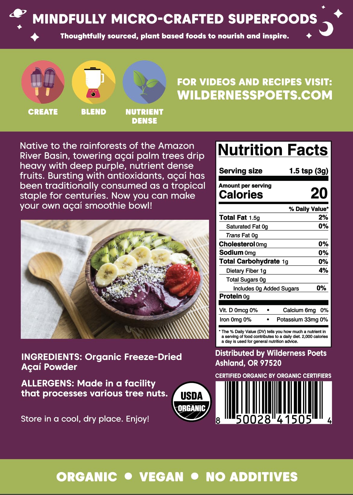 Wilderness Poets Organic Freeze Dried Acai Powder 16 Ounce  1 LB