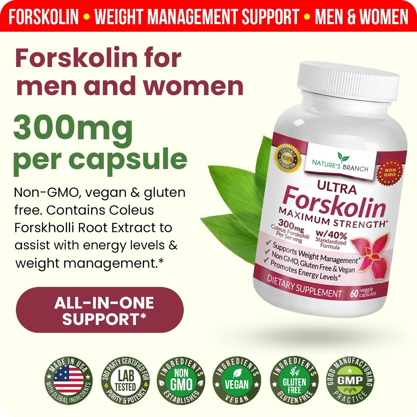 Ultra Pure Forskolin for Weight Management Maximum Strength | Coleus Forskohlii Root Extract Powder, 40% Standardized Lean Supplement for Men & Women | Premium Extreme Boost Complex - 60 Capsules