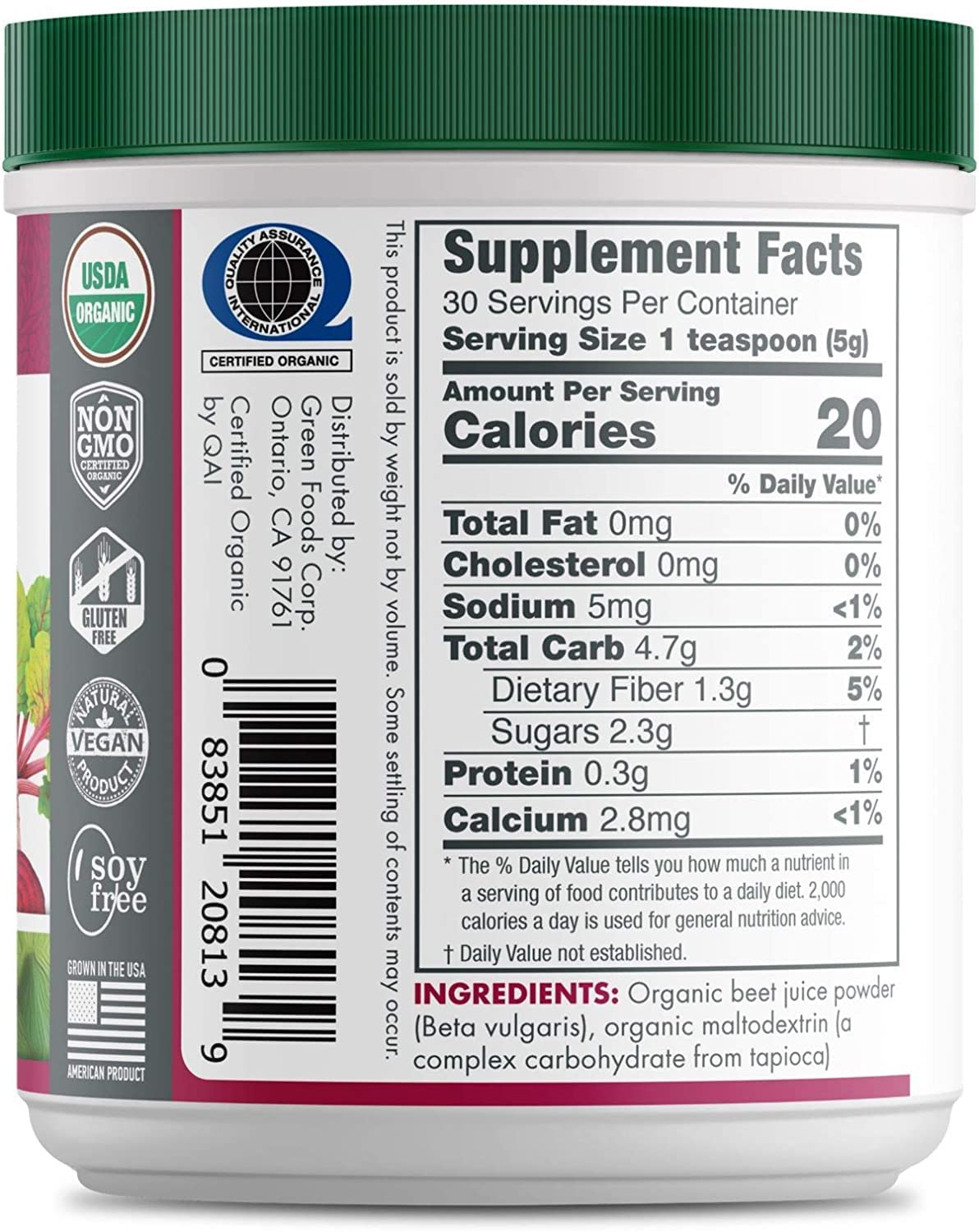 Green Foods - Organic Beet Essence Juice Powder- Nitric Oxide Super Food, Wholefood Antioxidant, Natural Energy, Endurance, Detox, 5.3oz (30 Servings) with Bonus Key Chain