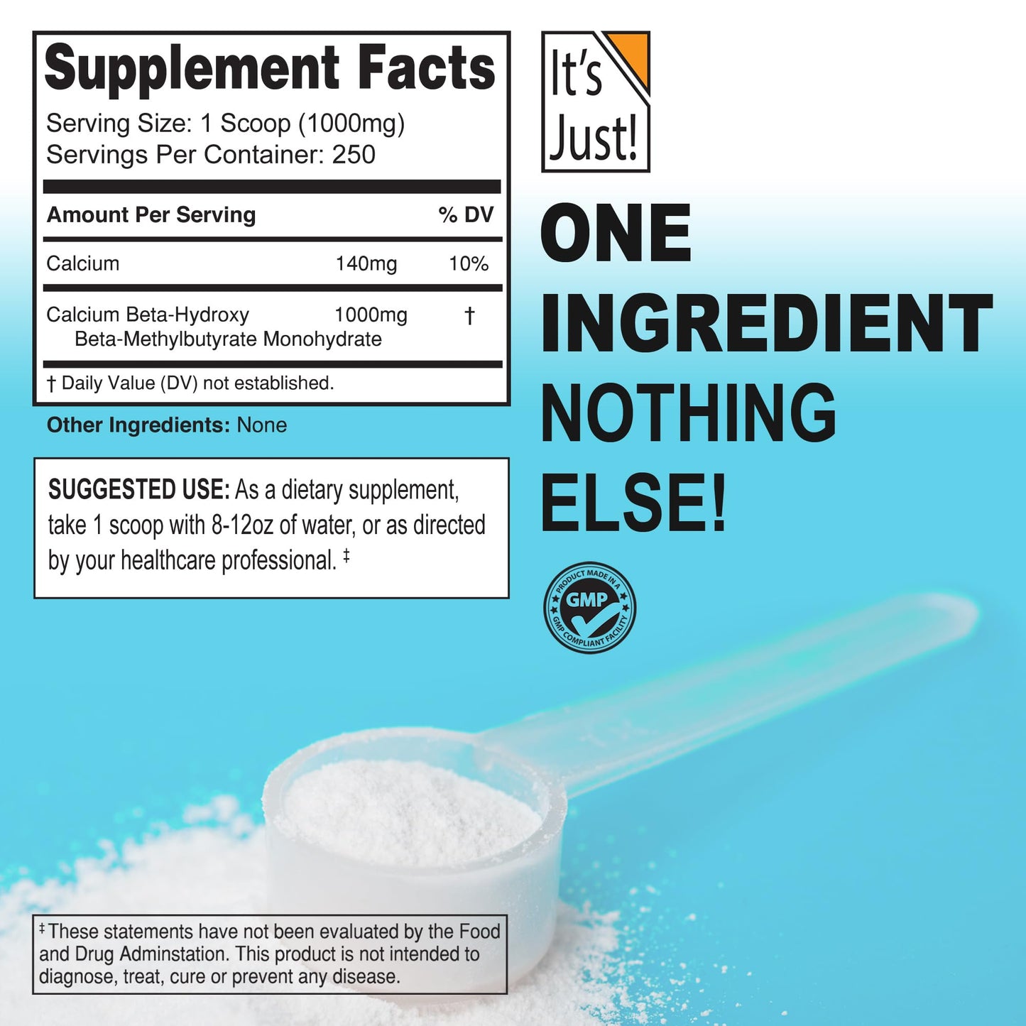 It's Just! - HMB Powder, 250g, Beta-Hydroxy Beta-Methylbutyrate, Free Acid, GMP Compliant, Third-Party Tested (Unflavored, 250g)