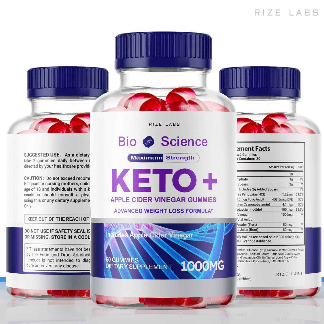 rize labs - Bio Science Keto Plus Gummies for Weight Loss, Extra Strength, Advanced Formula Includes Apple Cider Vinegar Gummies (60 Gummies)