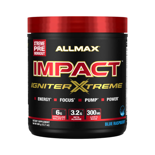 ALLMAX Nutrition - Impact Igniter Extreme Pre Workout Powder - with Citrulline Malate, Beta - Alanine, Caffeine, Taurine, and, Betaine anhydrous (Blue Raspberry)