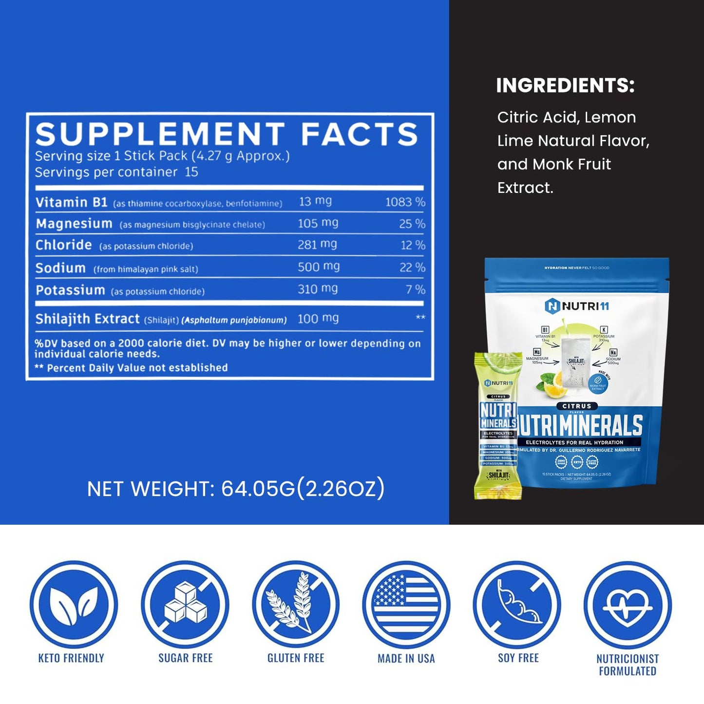 NUTRIMINERALS Hydration Electrolyte Powder | Advanced Vitamin B1, Shilajit & Pink Himalayan Salt | Zero Sugar | 15 Stick Packs | Clean Energy, Recovery & Detox Support (15 Sticks Pack, Citrus)