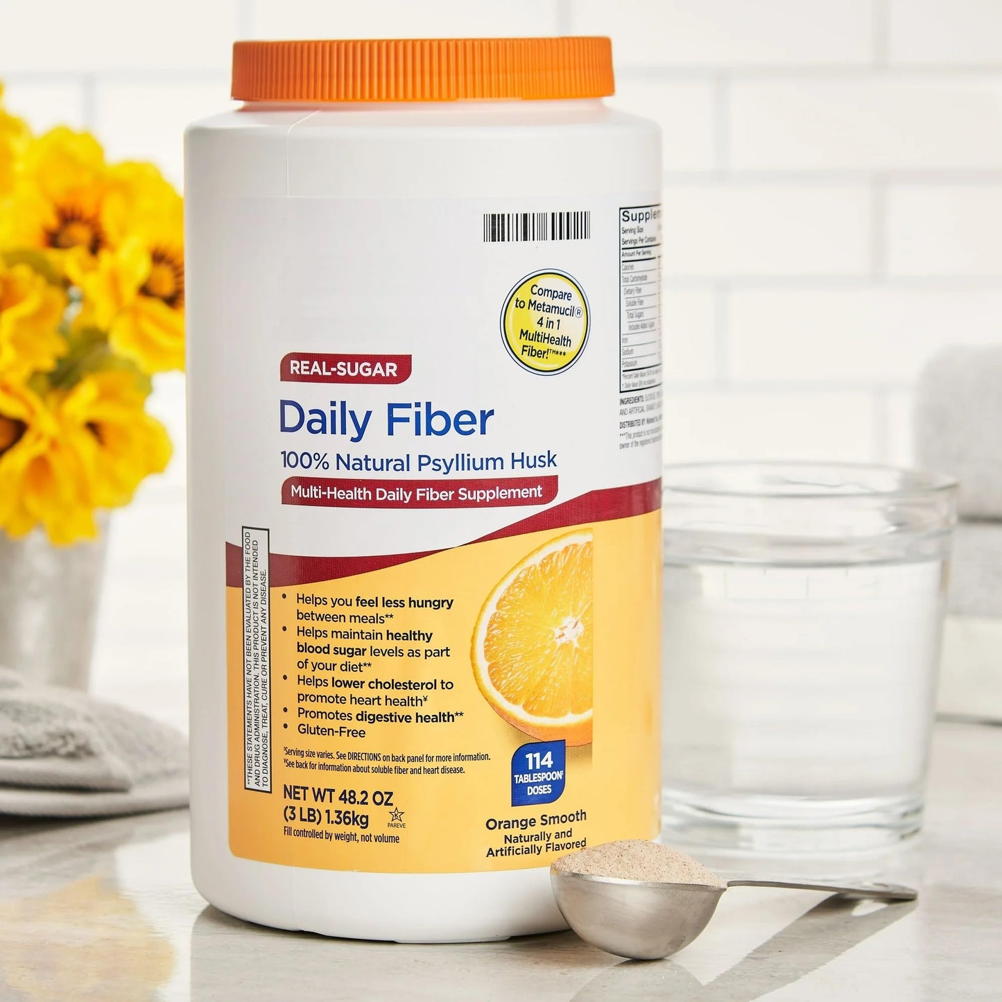 Daily Fiber Powder 48.2 oz - 114 Tablespoon Doses Orange Flavored Fiber Supplement, Soluble Fiber, Organic Fiber Supplement, Vegan Powder. (Pack of 1)