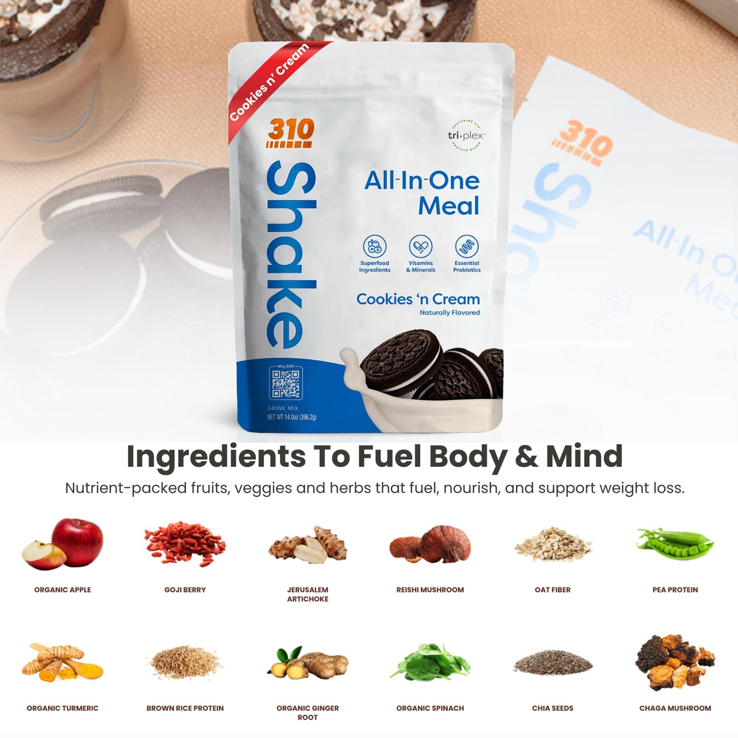 310 Nutrition Meal Replacement Shake - Fiber-Rich Vegan Superfood Blend - Low Carb, Keto & Paleo Friendly, 0 Sugar, Gluten-Free, 26 Essential Vitamins & Minerals - Cookies N' Cream, 14 Servings