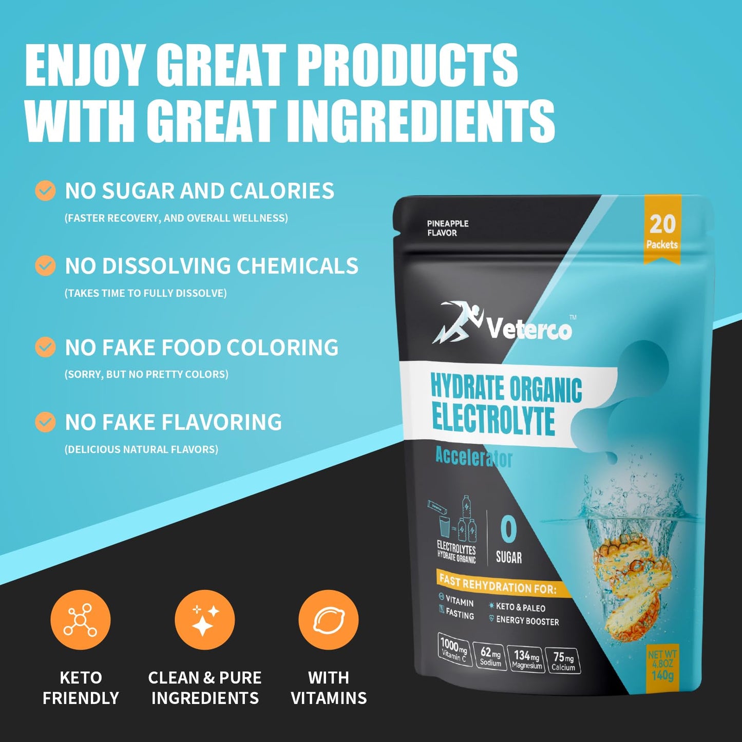 Veterco Hydration Electrolyte Powder, Electrolyte Drink, Hydration Supplement Drink Mix, Hydration Packets with Vitamin & Mineral, Keto Friendly, Vegan, Non-GMO, No Sugar, Pineapple Flavor (20 Sticks)