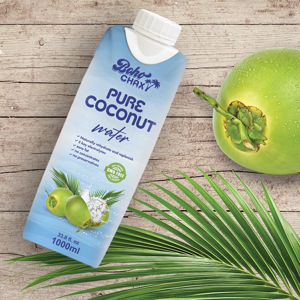 100 Natural Pure Coconut Water Not From Concentrate Drink with No Added Sugar  Replenishes Essential Vitamins and Electrolytes for Superior Hydration  338 Fl Oz Cartons  6Pack by Boho Chax