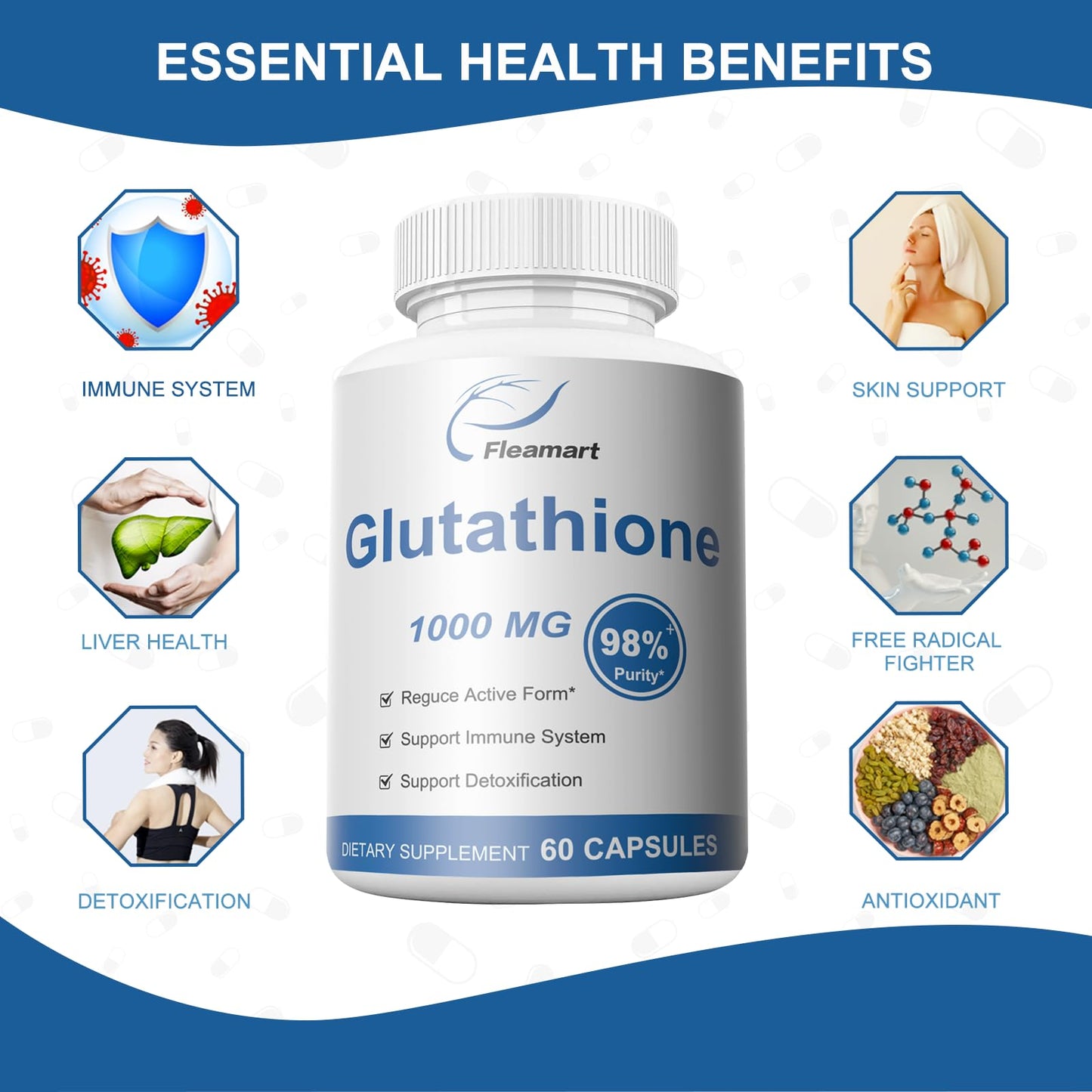 Fleamart Glutathione Supplement 98%+ Highly Purified and Bioavailable - Skin Care & Detoxification L-Glutathione 1000mg Immune & Liver Support - Made in The USA 60 Capsules
