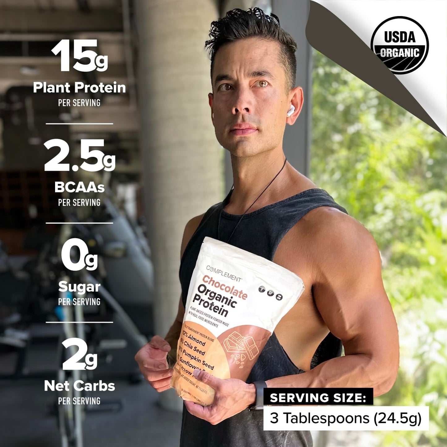 Complement Organic Chocolate Vegan Protein Powder (30 Servings) Low Carb, Low Calorie, Sugar Free, Soy Free, Non-GMO, Non Dairy - Yellow Pea, Pumpkin Seed - 15g Plant Based Protein Powder