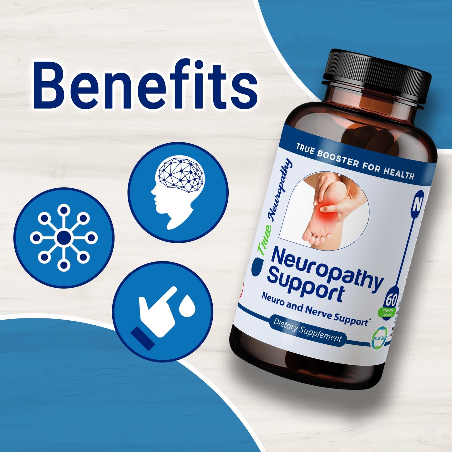 TRUEMED Neuropathy Support Neuro and Nerve Health Supplement with Vitamin D3, B6, B12, Acetyl-L-Carnitine, Alpha-Lipoic Acid, and Benfotiamine Supports Feet Nerve Function 60 Vegetable Capsules