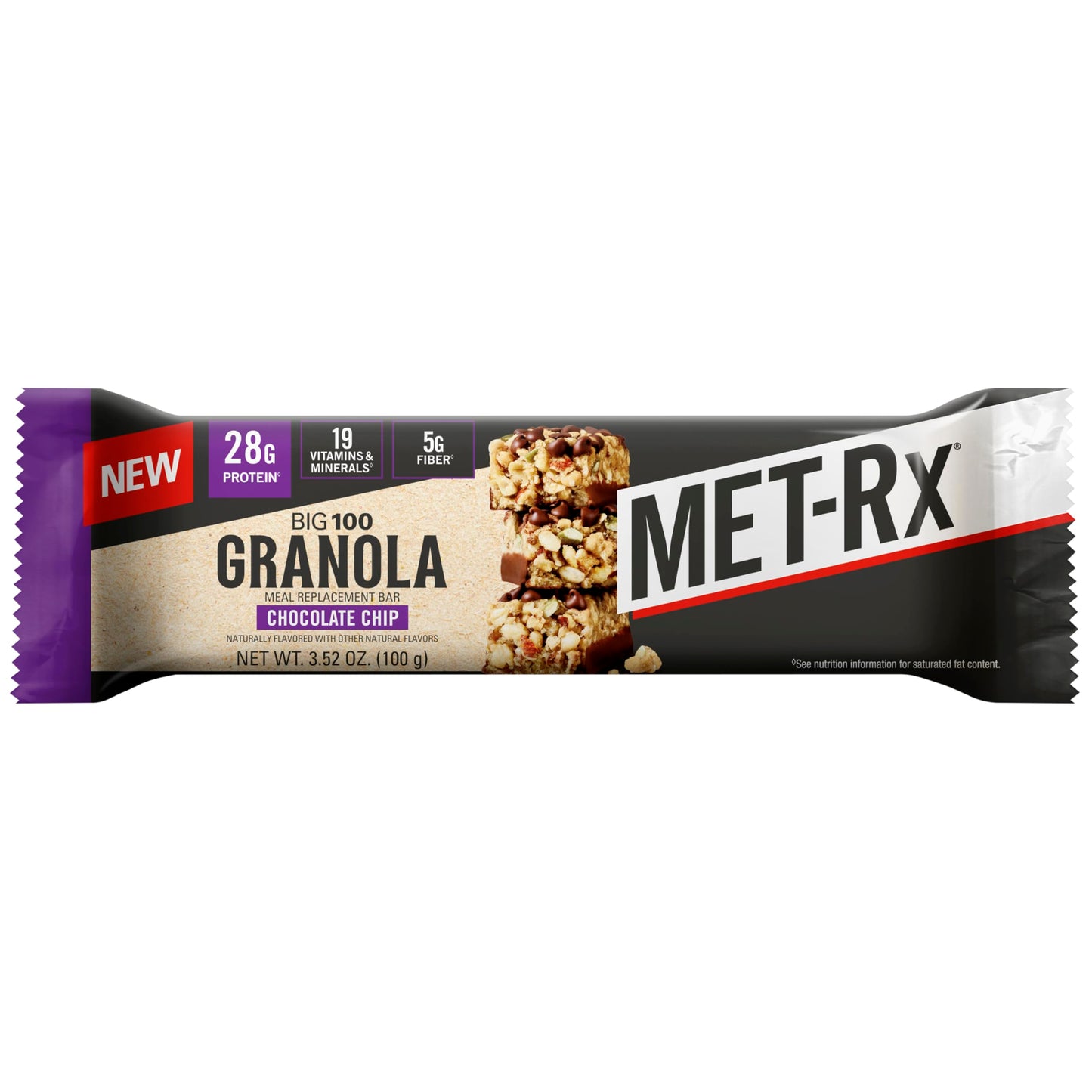MET-Rx Big 100 Granola Protein Bar, Meal Replacement Bar, 28 G Protein, Chocolate Chip, Pack of 9