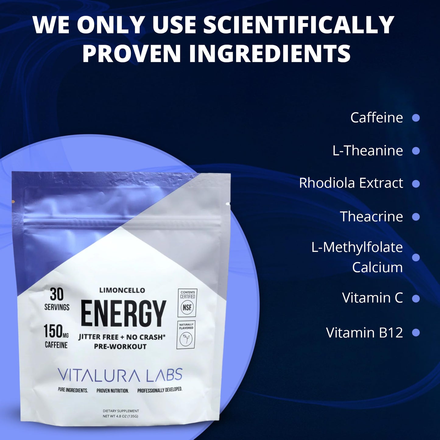 Vitalura Labs Pre-Workout Powder - Caffeine, Theacrine, Rhodiola & L-Theanine for Energy & Endurance - NSF Content Certified - Limoncello Flavored - 30 Servings