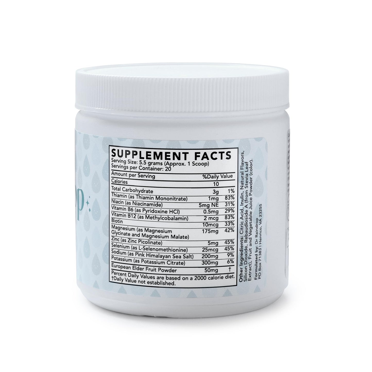 Dr Raindrop Blueberry Electrolyte Powder | No Added Sugar | Hydration Support Drink Mix Powder Boosting Supplement | Made in USA | 20 Servings -10 Calories per Serving