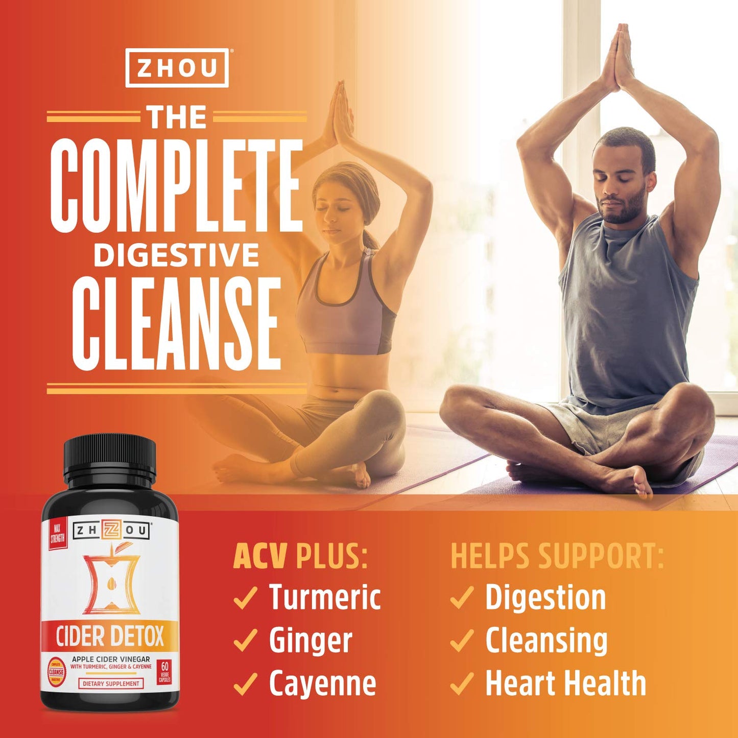 Zhou Nutrition Cider Detox Apple Cider Vinegar Capsules with Ginger, Turmeric & Cayenne, Max Strength Thermogenic Formula for Improved Digestion, Detox, Heart Health