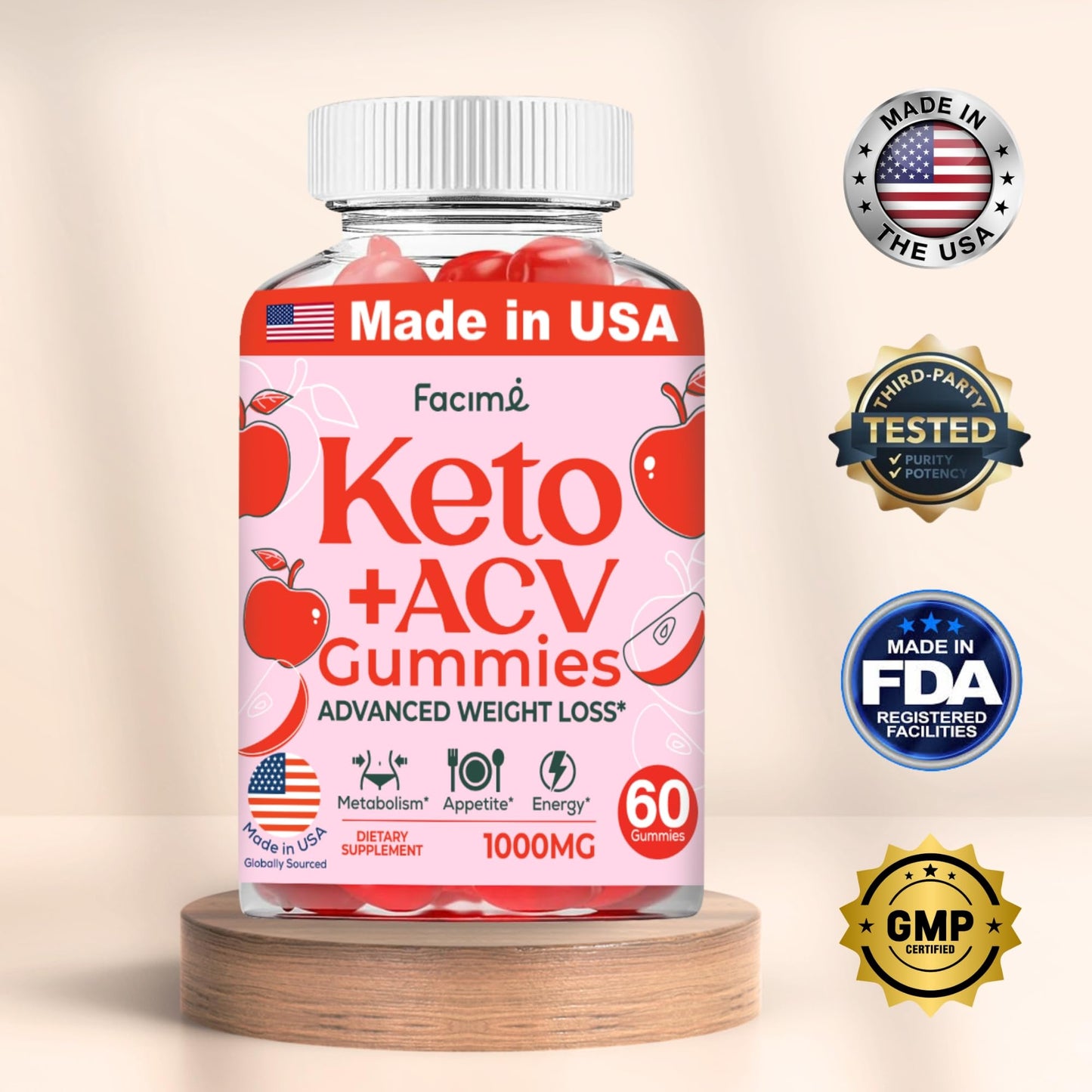 Facime Keto Acv Gummies - Apple Cider Vinegar Gummies - 1000MG with Superfoods, Vegan Non GMO, Made in USA, 60 Gummies 1 Month Supply