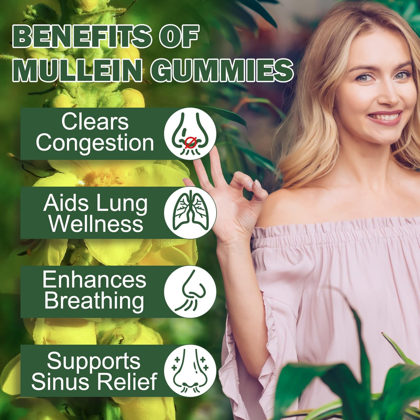 Ruduwu Mullein Gummies for Lung Detox, 2000mg Mullein Leaf Extract for Respiratory & Digestive & Immune Support w/Quercetin, Bromelain, Elderberry & Marshmallow, Vegan 60 Gummies