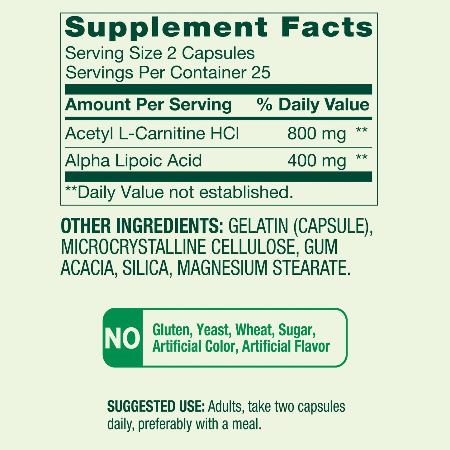 Spring Valley Acetyl L-Carnitine HCI 400 mg + Alpha Lipoic Acid 200 mg Capsules, 50 Count (Pack of 1)