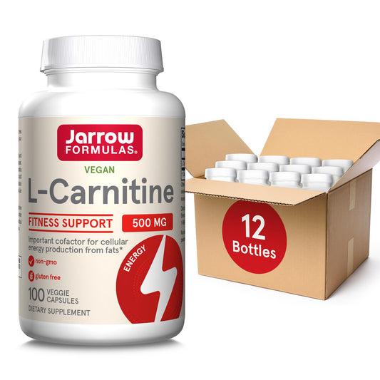 Jarrow Formulas L-Carnitine 500 mg, Dietary Supplement, Support for Cellular Energy Production, 100 Veggie Capsules, 100 Day Supply (Pack of 12)