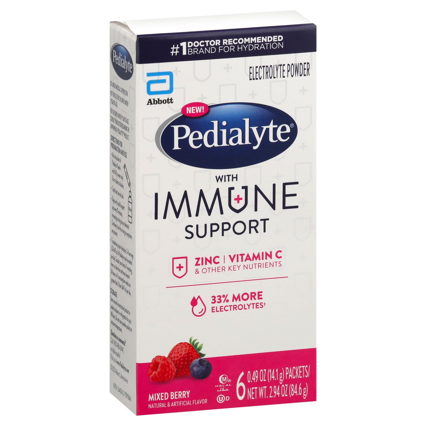 Pedialyte, Electrolyte Drink Immune Support Mixed Berry Berry Powder, 6 Count, 2.94 Ounce