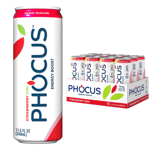 Phocus Energy Boost Strawberry Kiwi  No Sugar  75mg Caffeine  LTheanine  0 Calories  Natural Flavors  Sweeteners  115 fl oz Pack of 12