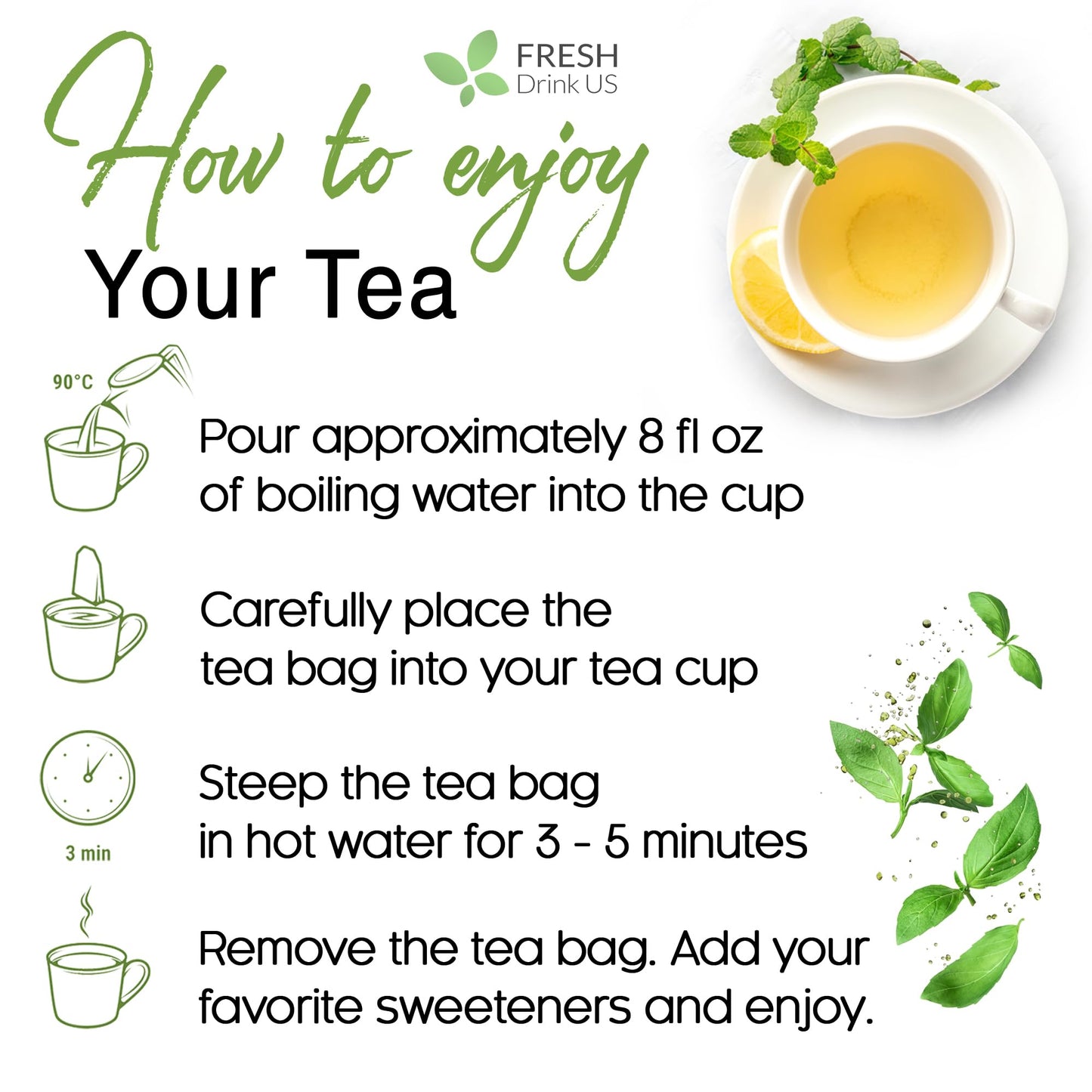 FreshDrinkUS Premium 45 Spearmint Tea Bags 100 Natural Spearmint Leaves Loose Leaf Spearmint Herbal Tea Spearmint Leaf Tea No Sugar No Caffeine No Gluten Vegan