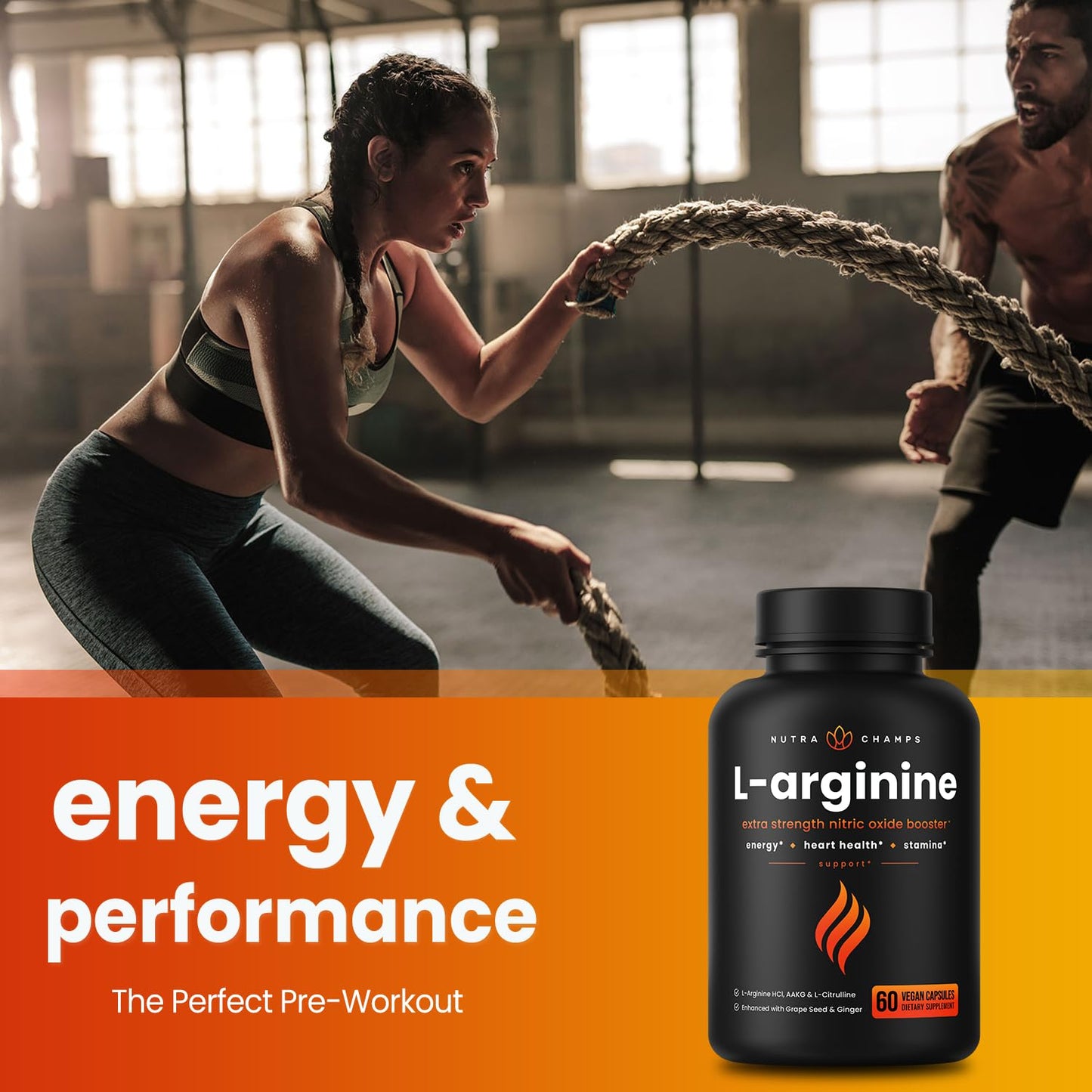 NutraChamps Premium L Arginine Supplement, 5-in-1 Nitric Oxide Supplement, L-Arginine Powder & L Citrulline Enhanced with Grape Seed & Ginger, Energy, Blood Flow, 60 Vegan Capsules