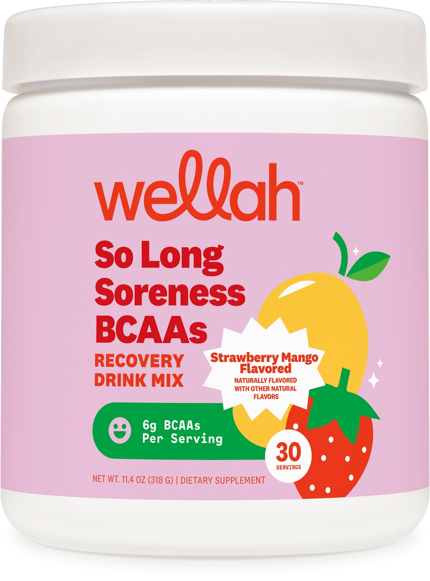 Wellah So Long Soreness BCAA Powder (Strawberry Mango Flavored) 30 Servings - with Hydration Complex