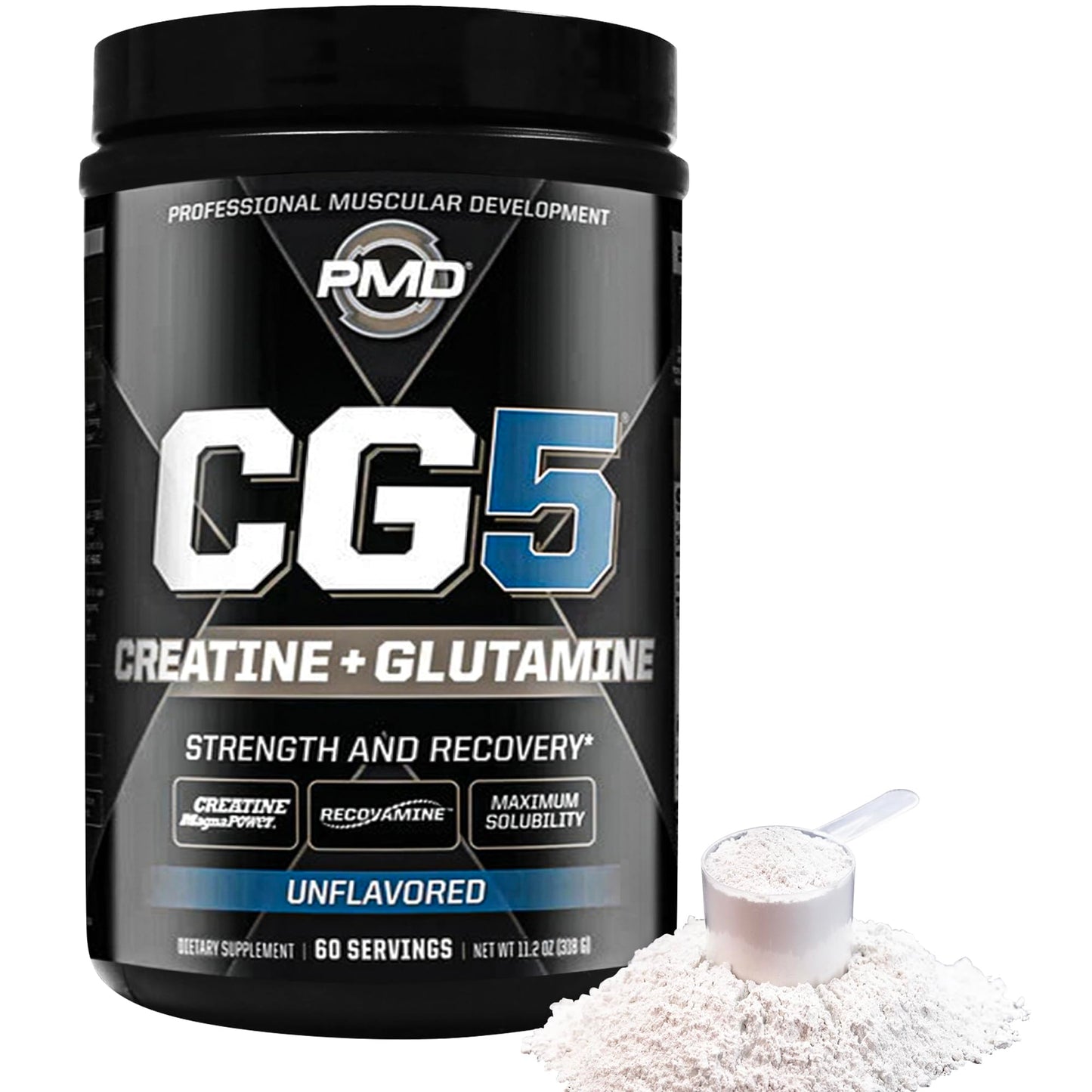 PMD Sports CG5 Premium Creatine & L Glutamine Powder, Power Recovery, Build Lean Muscle, Increase Workout Performance, Maximum Strength Pre Workout & Post Workout, Unflavored, 60 Servings