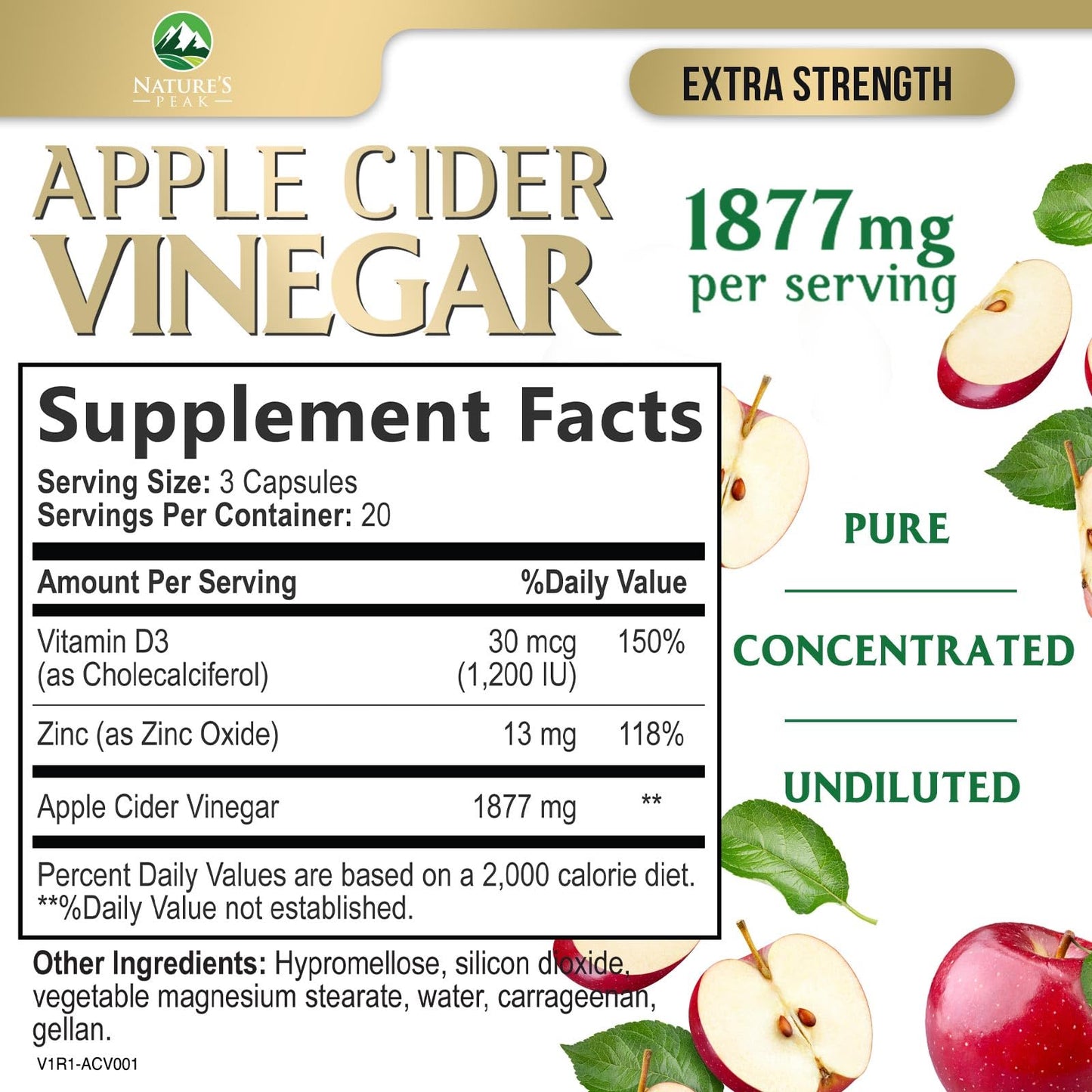 Apple Cider Vinegar Capsules - Extra Strength ACV Supplement with Vitamin D3 & Zinc for Energy, Digestion & Immune Support Balance - Non-GMO, Gluten-Free ACV Pills for Detox & Cleanse - 60 Capsules