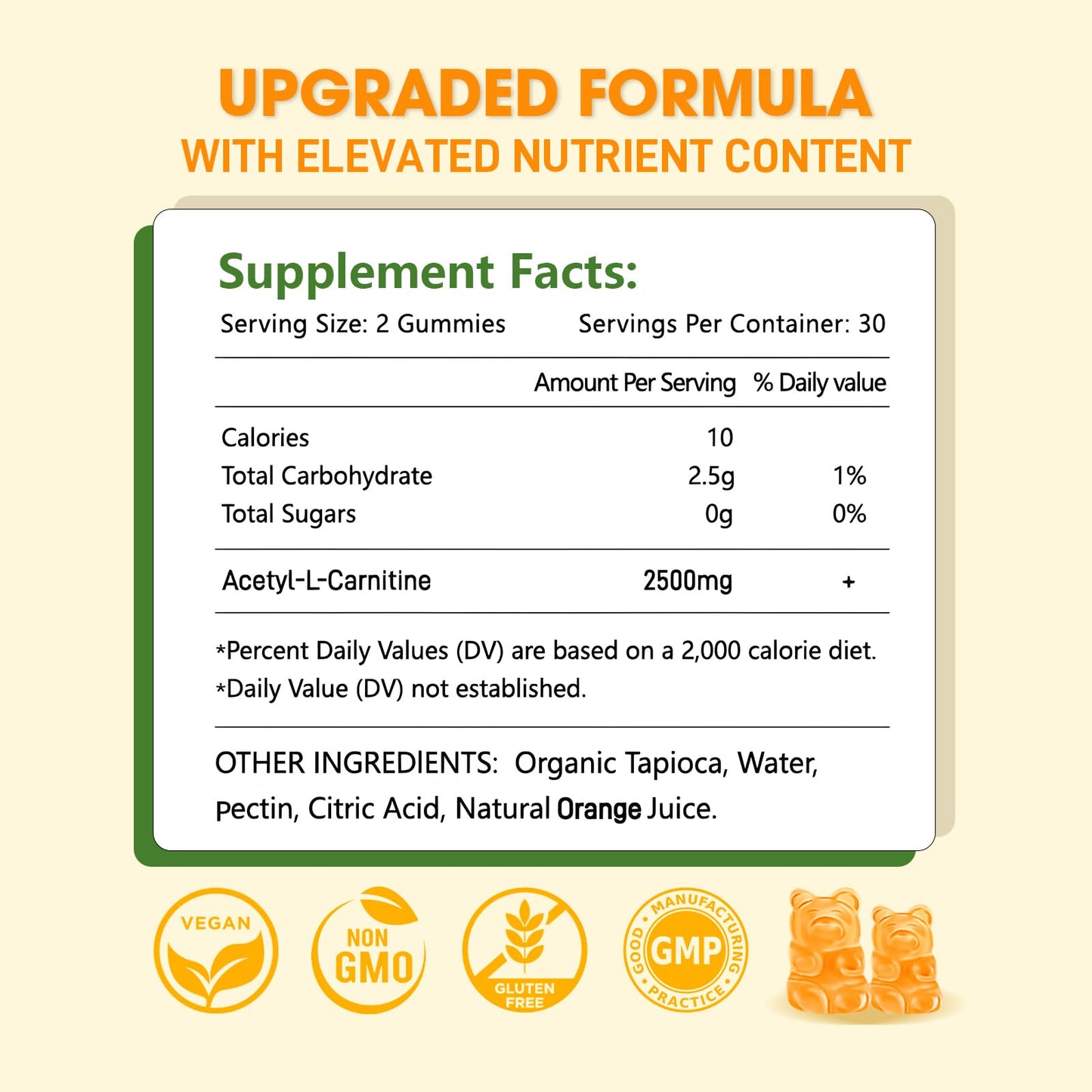 Sijigood Acetyl L-Carnitine Supplement, Natural Nutrition Supplement for Boost Energy, Immunity, Vegan, Orange Flavor, 60 Count