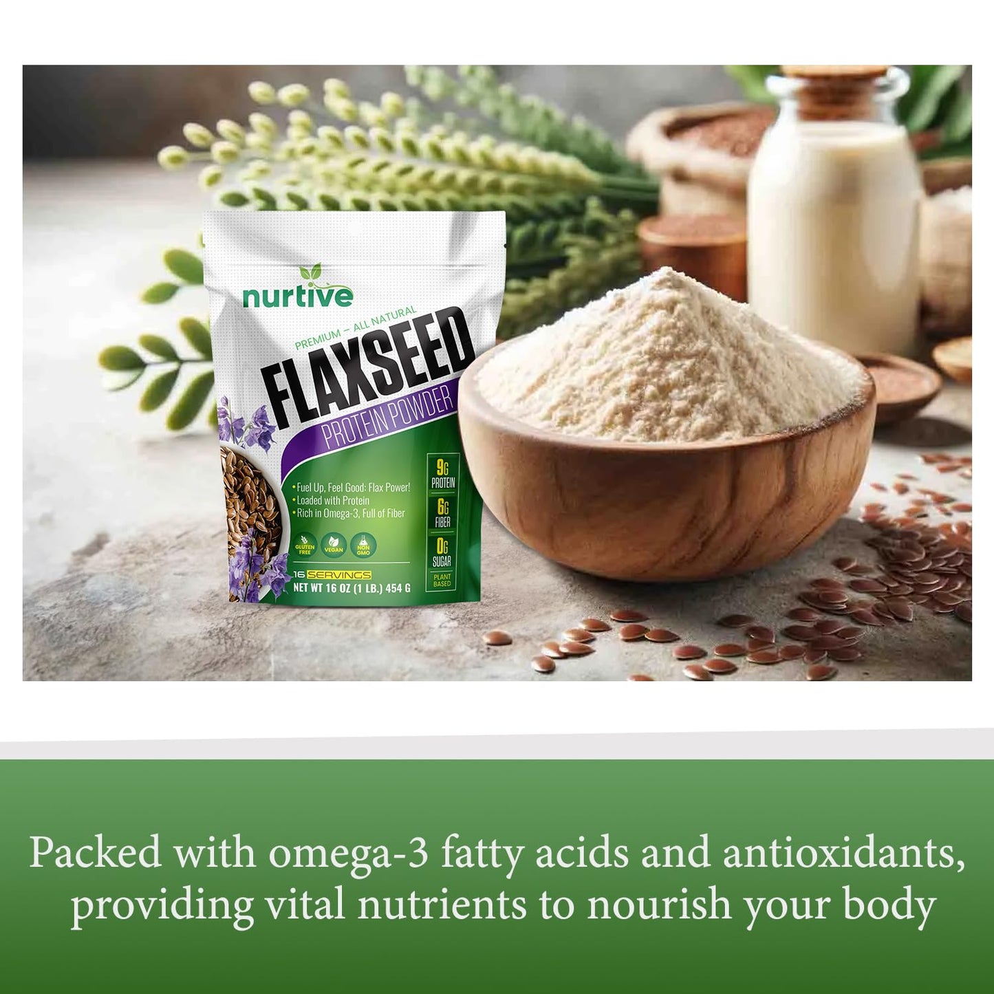 NURTIVE Flaxseed Protein Powder - Plant-Based, Rich in Omega-3 and Antioxidants - Ideal for Post-Workout Recovery - Nutritional Boost for Smoothies & Baking - Non-GMO & Gluten-Free (16 oz / 454g)