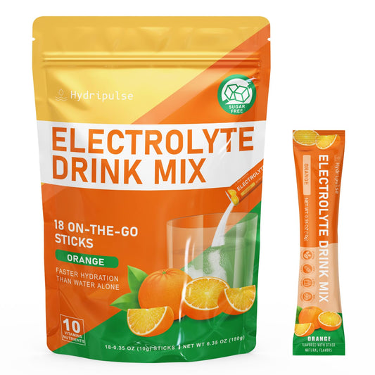 HydriPulse Electrolytes Powder Packets - Sugar Free, Naturally Flavored, 10 Electrolyte & Vitamins Electrolyte Drink Mix - Orange Flavors, Keto Friendly, Vegan, Non- GMO, 18 Packets