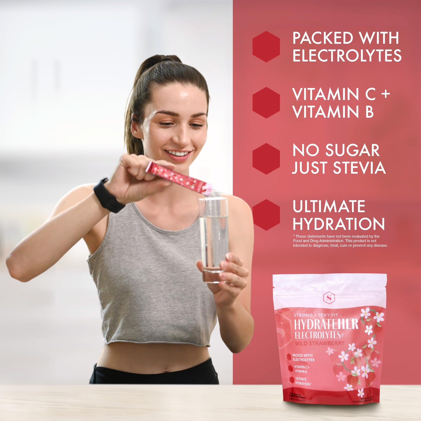 Strong + Sexy Fit HydrateHER Electrolytes+, Electrolyte & Vitamin Powder Drink Mix With Magnesium, Potassium, Vitamin C, B & 500 MG Sodium, On the Go Hydration, Sugar Free, Wild Strawberry, 30 Packets