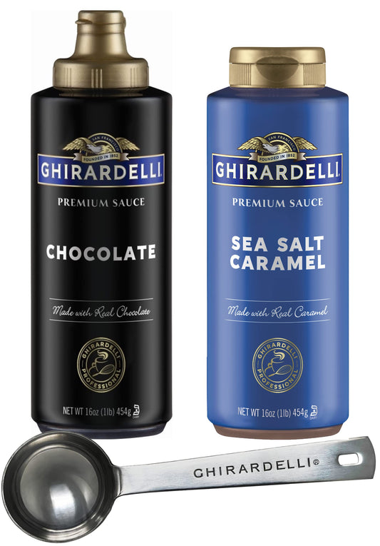 Ghirardelli Sea Salt Caramel and Chocolate Flavored Sauce 16 oz Squeeze Bottles Pack of 2 with Ghirardelli Stamped Barista Spoon