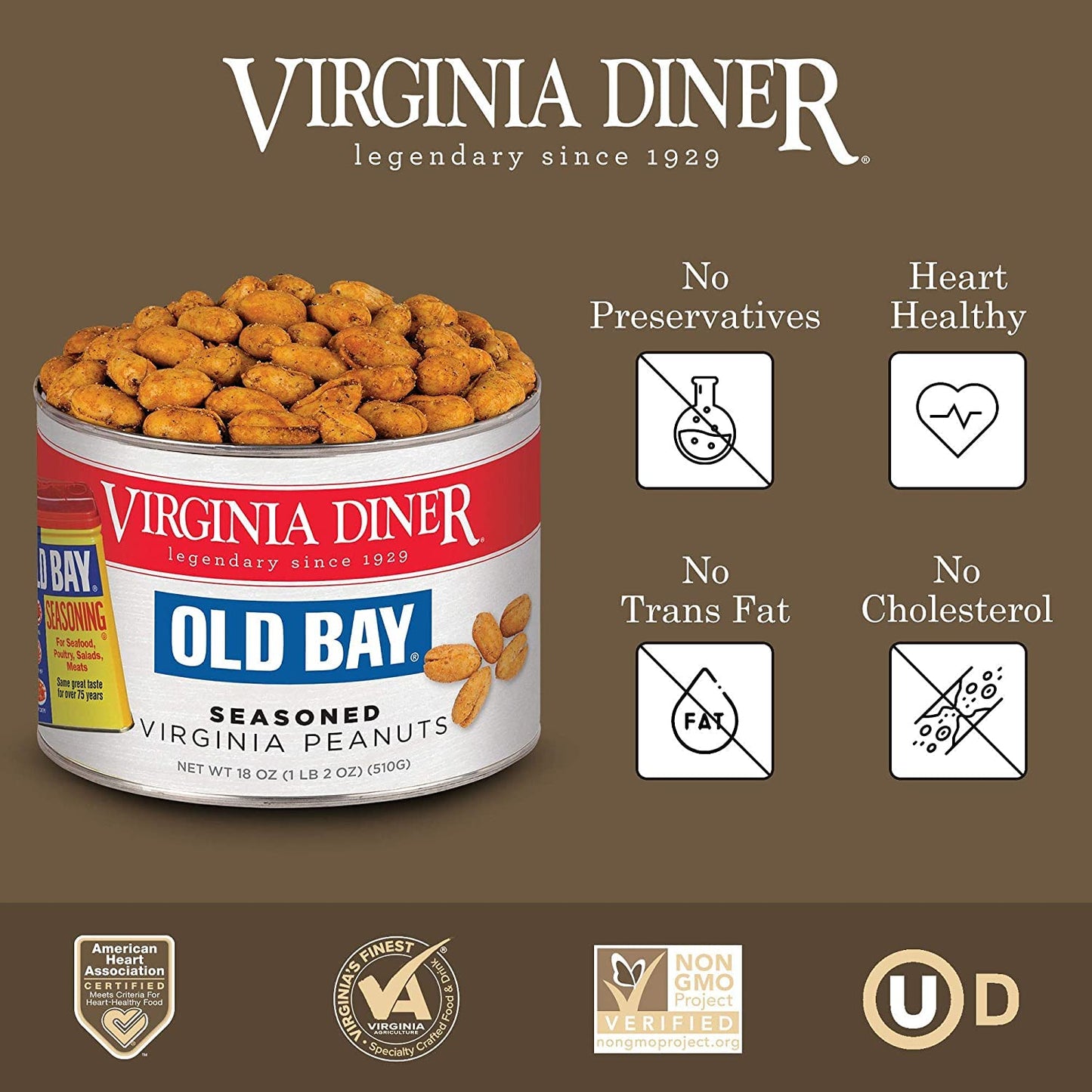 Virginia Diner  Gourmet Old Bay Seasoned Virginia Peanuts 10 Ounce Tin