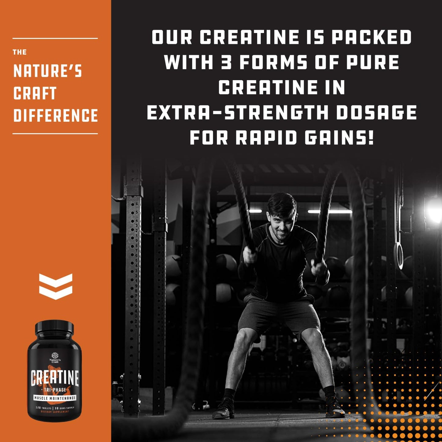 Natures Craft High Strength Tri Phase Creatine Tablets for Women & Men - Formula Blend of Creatine Monohydrate, HCL & Pyruvate Supplement - Muscle Mass Gain & Recovery Supplement - 120 Tablets