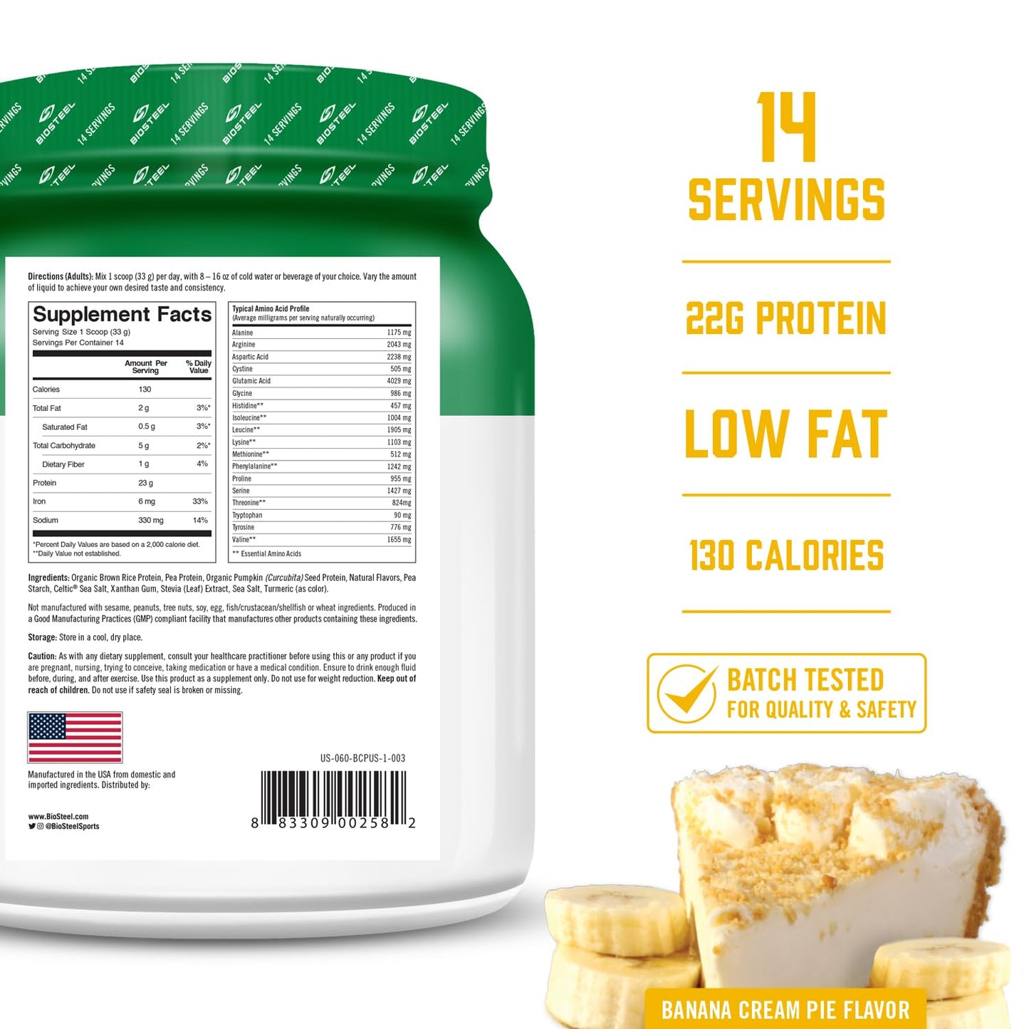 BioSteel Elite Plant-Based Recovery Vegan Protein with Brown Rice Protein, Pea Protein, and Hemp Protein, Banana Cream Pie Flavor, 14 Servings, Gluten-Free