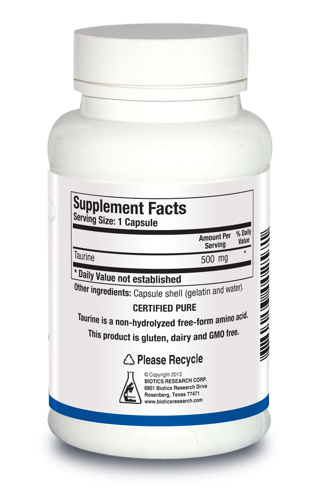 Biotics Research Taurine - 500 mg Taurine, Amino Acid, Brain Health, Cardiovascular Health, Antioxidant. 100 Capsules.