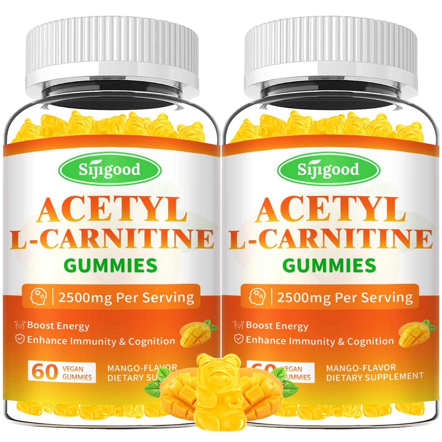 Sijigood 2 Pack Acetyl L-Carnitine Gummies for Men & Women - Daily Energy Support with Immune Support Gummies, Mango Flavor, 120 Count