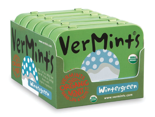 Organic Breath Mints by VerMints Wintergreen Flavor All Natural NonGMO Nut Free Gluten Free Vegan KSA Kosher Pack of 6 141oz Tins