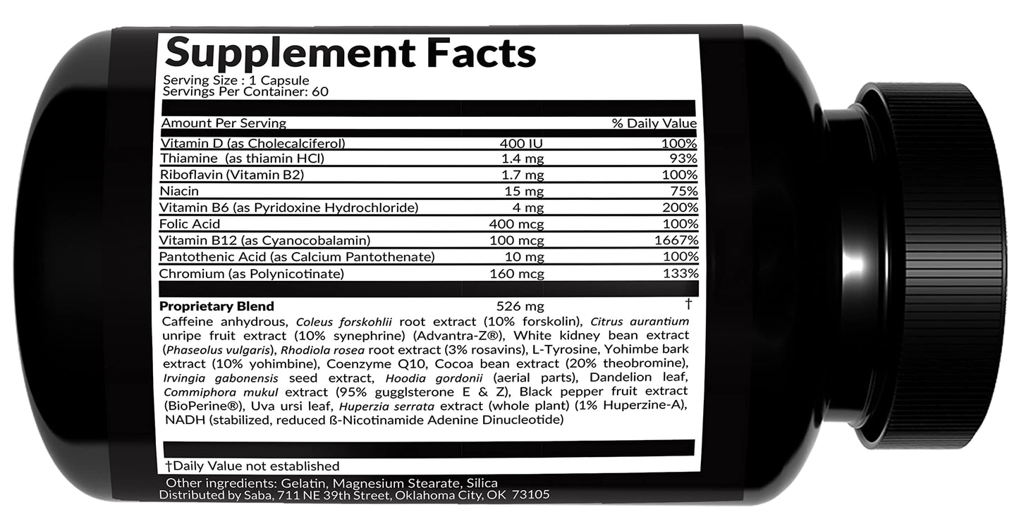 Saba TrimPro™ - Thermogenic Fat Burner - Weight Loss, Appetite Suppressant, & Energy Booster - Premium Vitamins, Minerals & Plant Ingredients & More - 60 Natural Diet Pills
