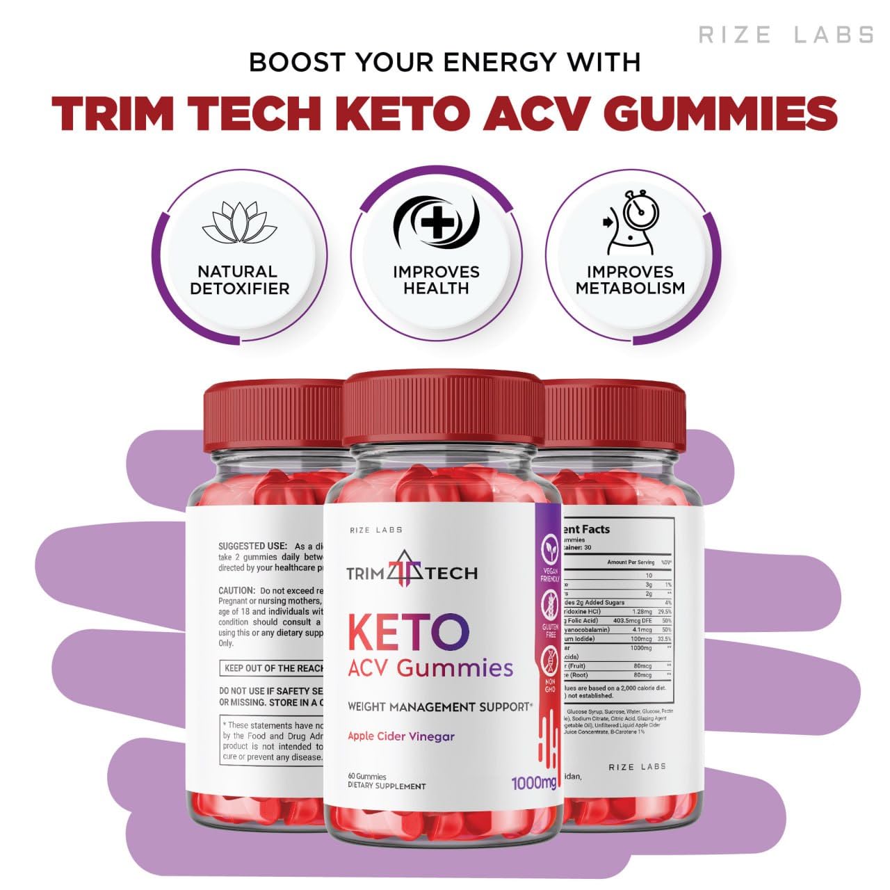 rize labs - Trim Tech Keto ACV Gummies for Advanced Weight Loss with Apple Cider Vinegar, Supplement Helps in Reducing Belly Fat (60 Gummies)