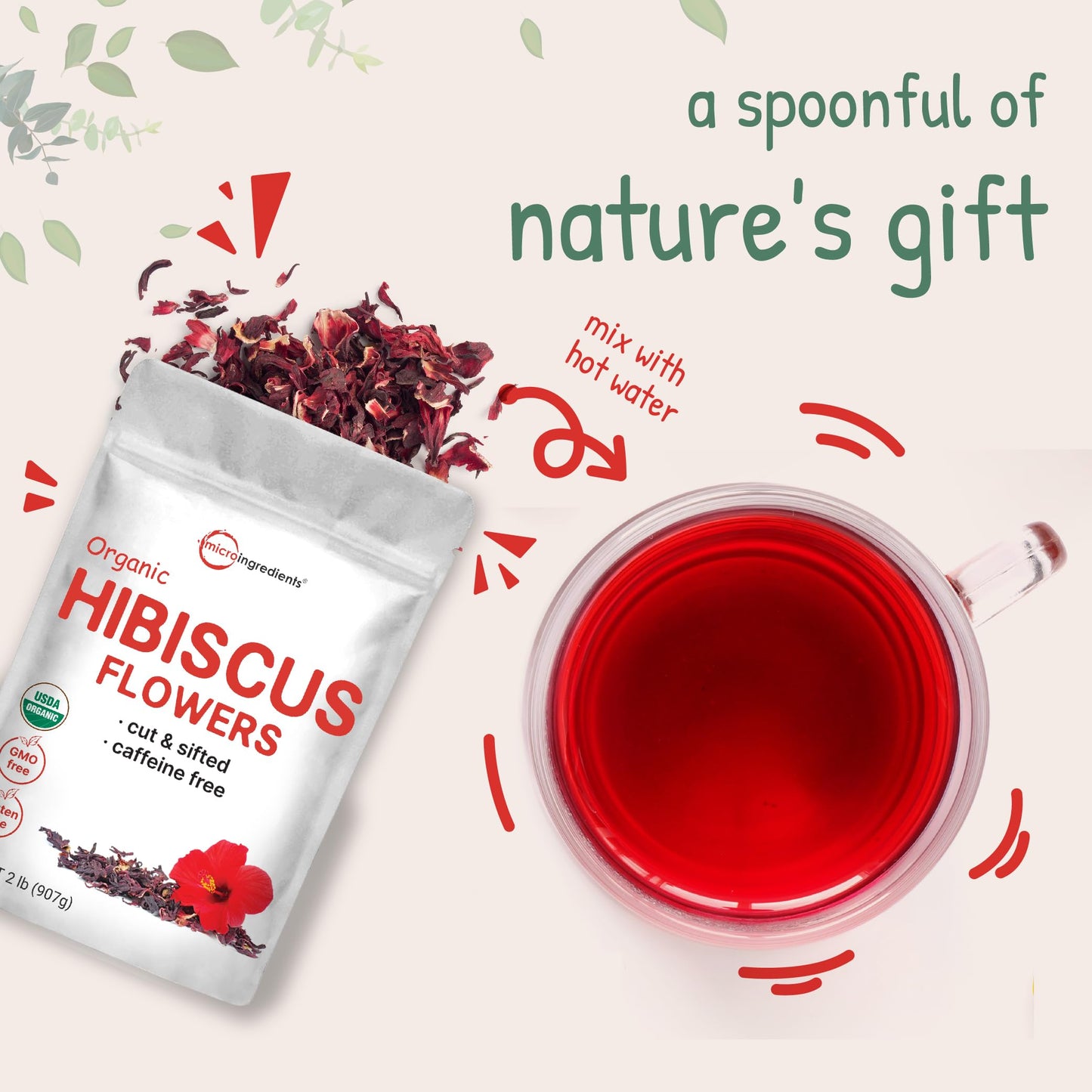 Micro Ingredients Organic Hibiscus Flowers 2lbs 450cups  Flor de Jamaica Loose Leaf Tea for Hibiscus Tea Bags  Cut  Sifted Dried Leaves  Caffeine Free NonGMO No Sugar