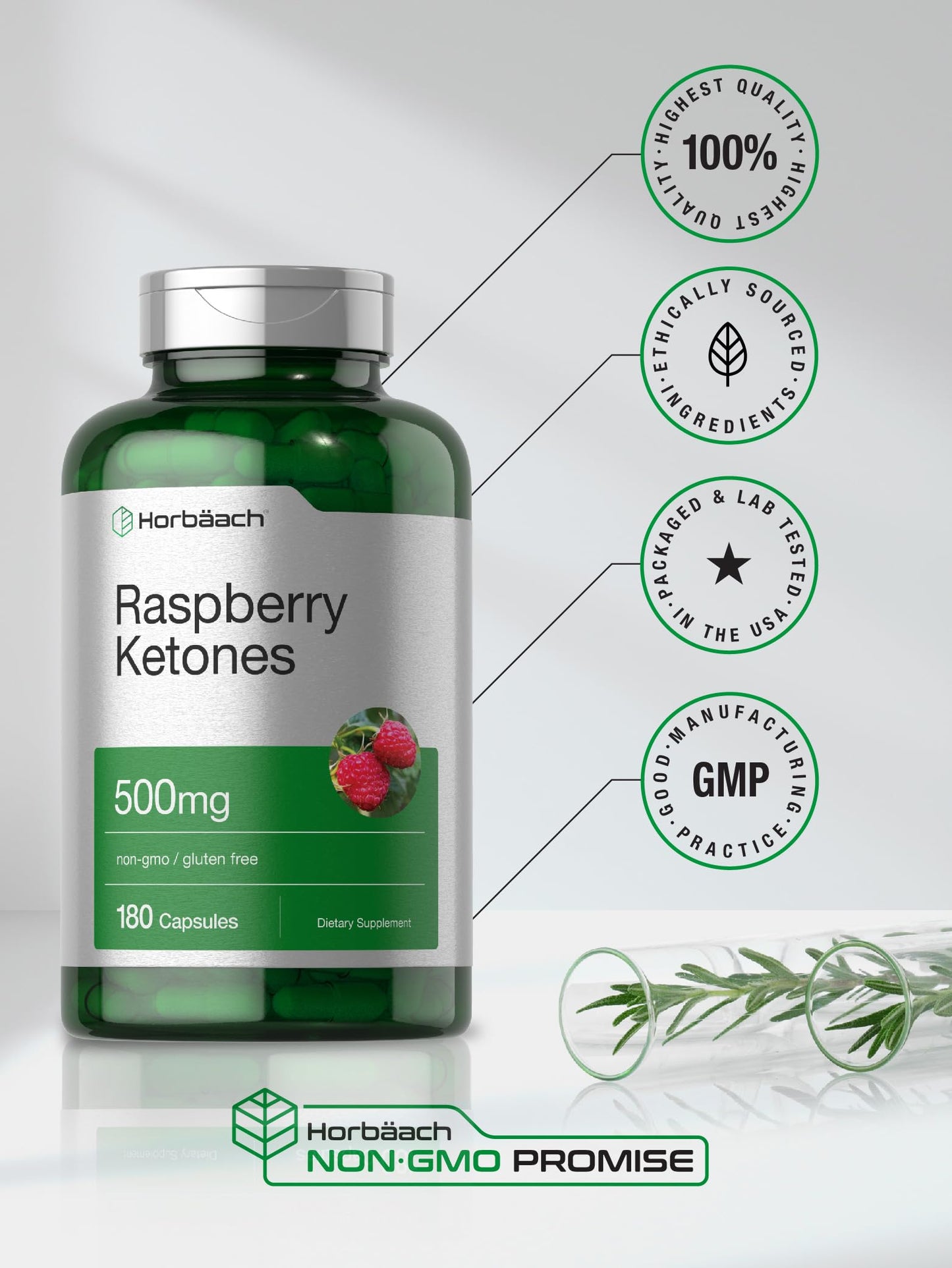 Horbäach Raspberry Ketones | 500mg | 180 Capsules | Non-GMO & Gluten Free Pills
