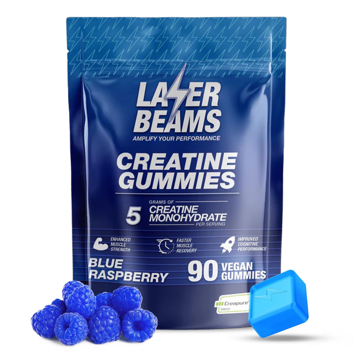 Laser Beams Creatine Monohydrate Gummies - 5g Creapure Creatine per Serving - Vegan, Blue Raspberry Flavor - Boost Muscle Strength, Endurance, Recovery & Mental Focus - 90 Gummies, Gluten-Free