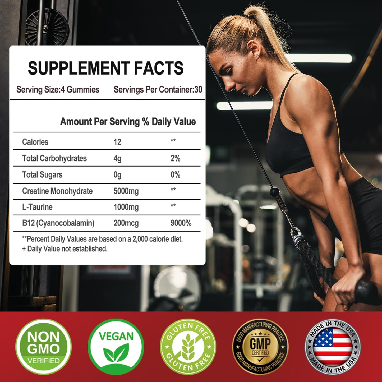 Creatine Monohydrate Gummies 6200mg for Men & Women - 120 Count Advanced Formula W/L-Taurine + Vitamin B12 for Muscle Strength, Muscle Builder, Energy Boost, Pre-Workout Supplement -Strawberry
