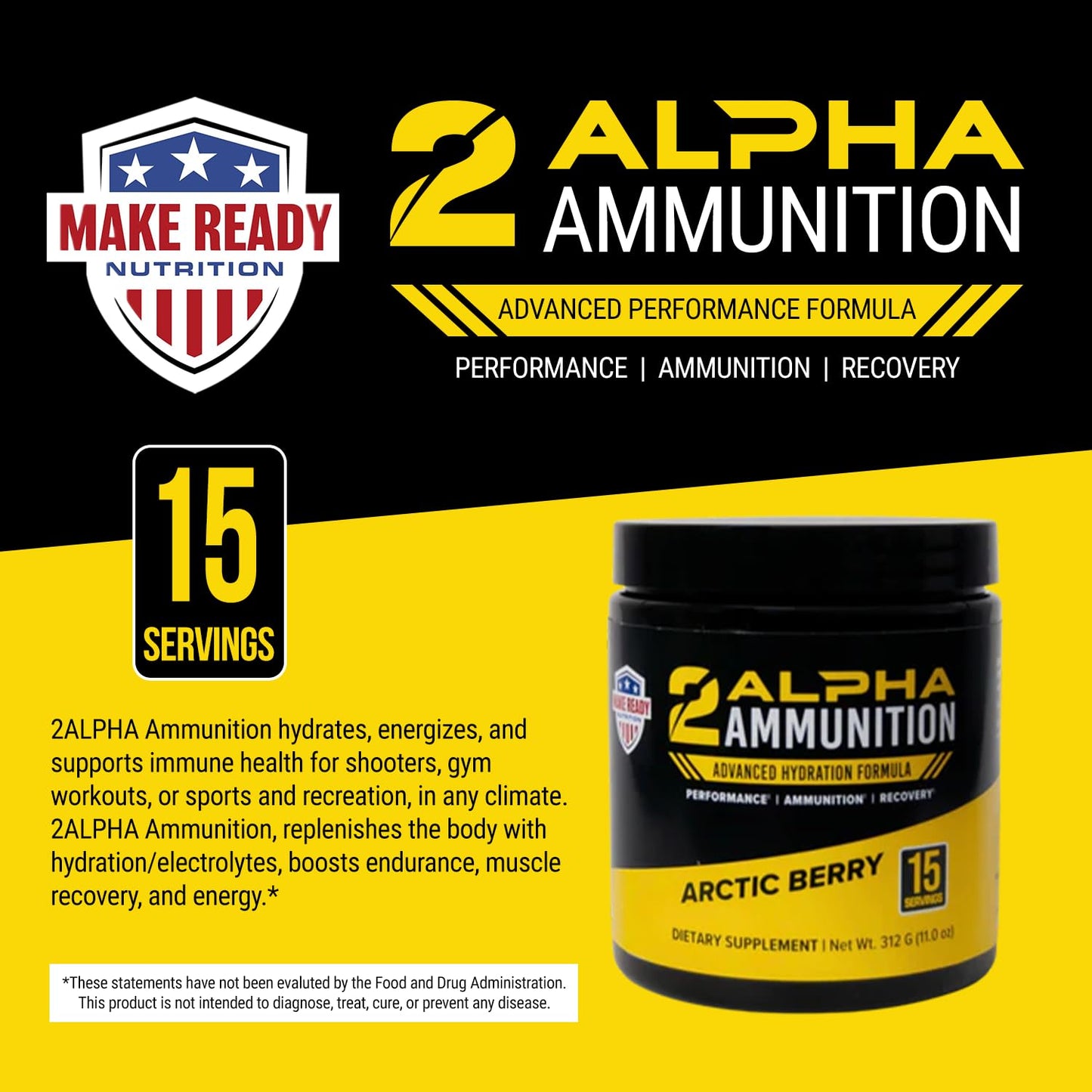 MAKE READY NUTRITION 2ALPHA Ammunition Arctic Berry - Hydration, Energy Drink, and Immune Support with Vitamin C, Calcium, Potassium, D-Ribose, Magnesium, and Zinc - 312g