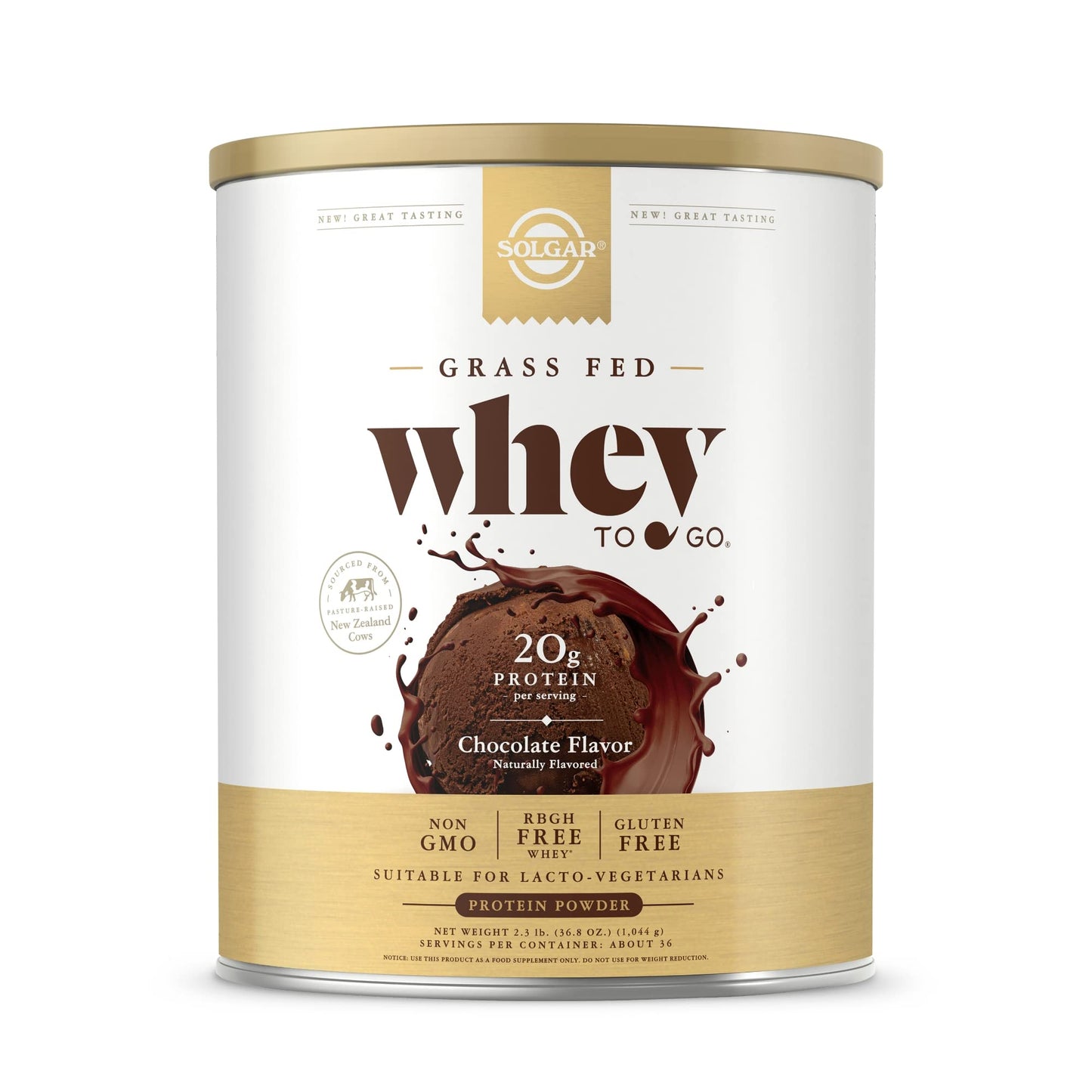 SOLGAR Grass Fed Whey to Go, Chocolate - 2.3 lb - Grass-Fed Whey Protein Powder - rBGH Free, Non-GMO, Gluten Free - 36 Servings