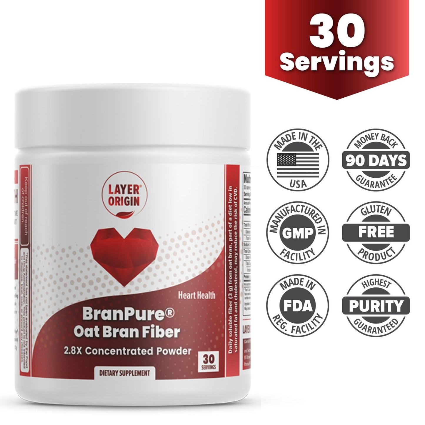 Layer Origin BranPure Super Concentrated Oat Bran Fiber Supplement - Heart Health Fiber, 1.5g Soluble Oat Beta-Glucan per Serving, Powder, 30 Servings